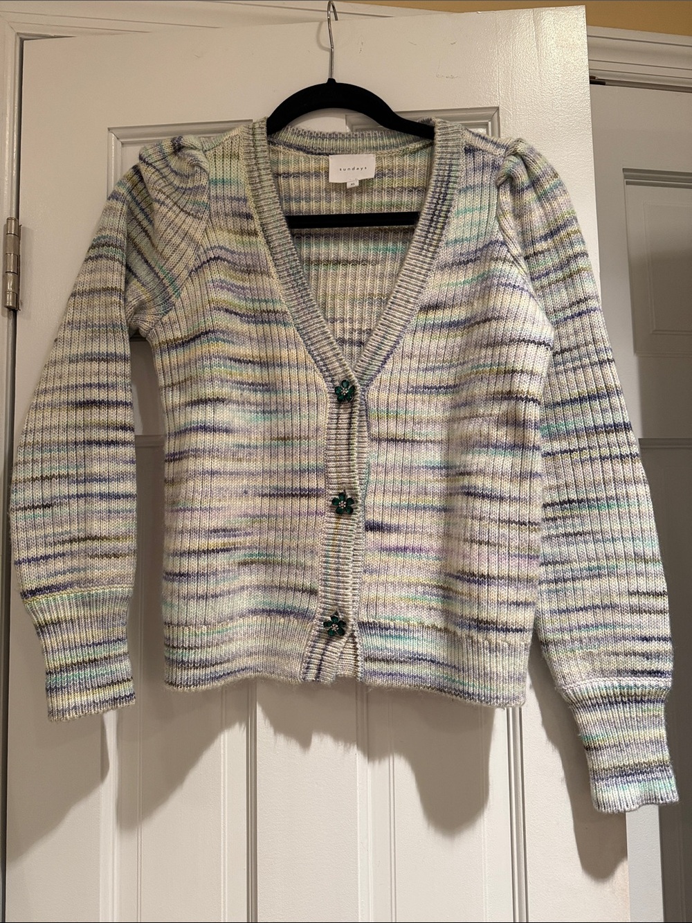 sundays Cream Multicolor Pastel Stripe V-Neck Cardigan with Green Flower Buttons